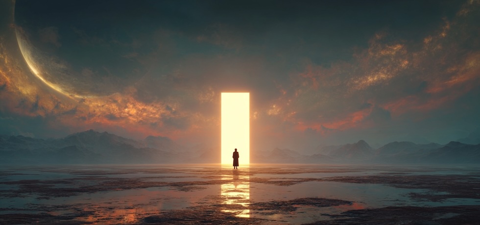 Pessoa diante de uma porta iluminada em um cenário cósmico, simbolizando o momento em que o universo responde após o preparo interior.