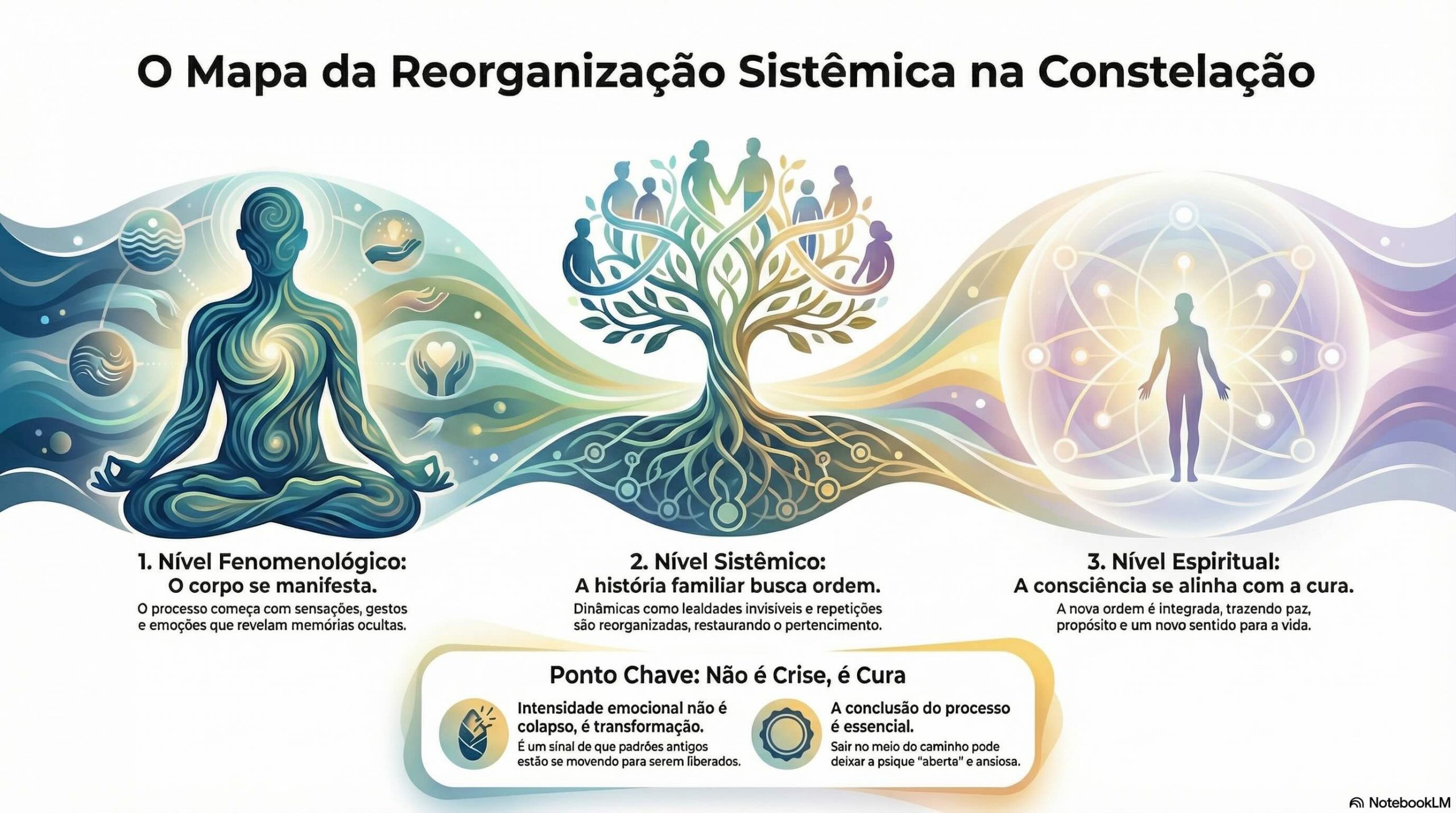 Mapa da reorganização sistêmica na constelação, com três níveis representados: figura meditativa para o nível fenomenológico, árvore com pessoas simbolizando o nível sistêmico e silhueta humana em campo de luz ilustrando o nível espiritual, com textos explicando que não é crise, é cura.